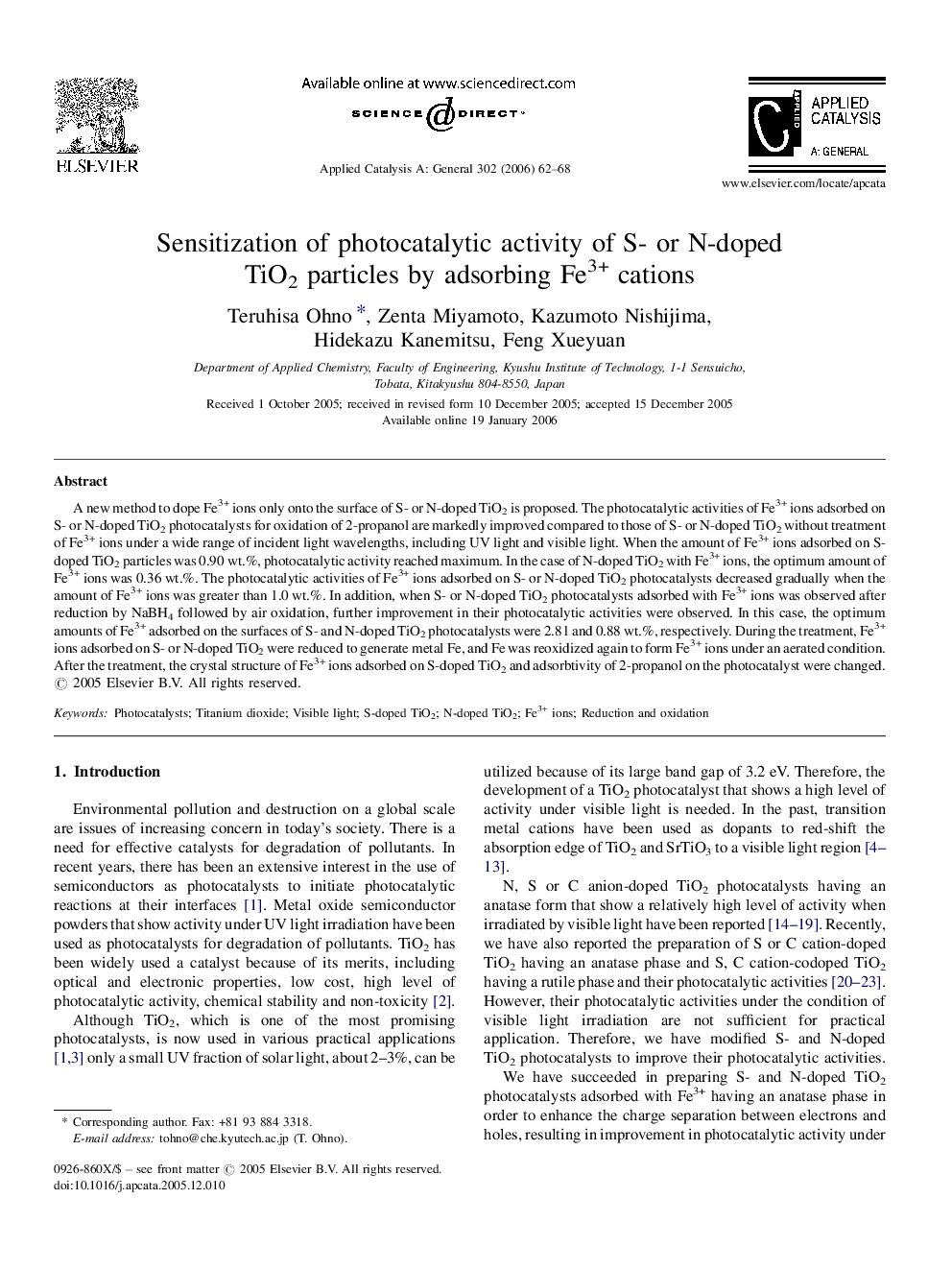 Sensitization of photocatalytic activity of S- or N-doped TiO2 particles by adsorbing Fe3+ cations