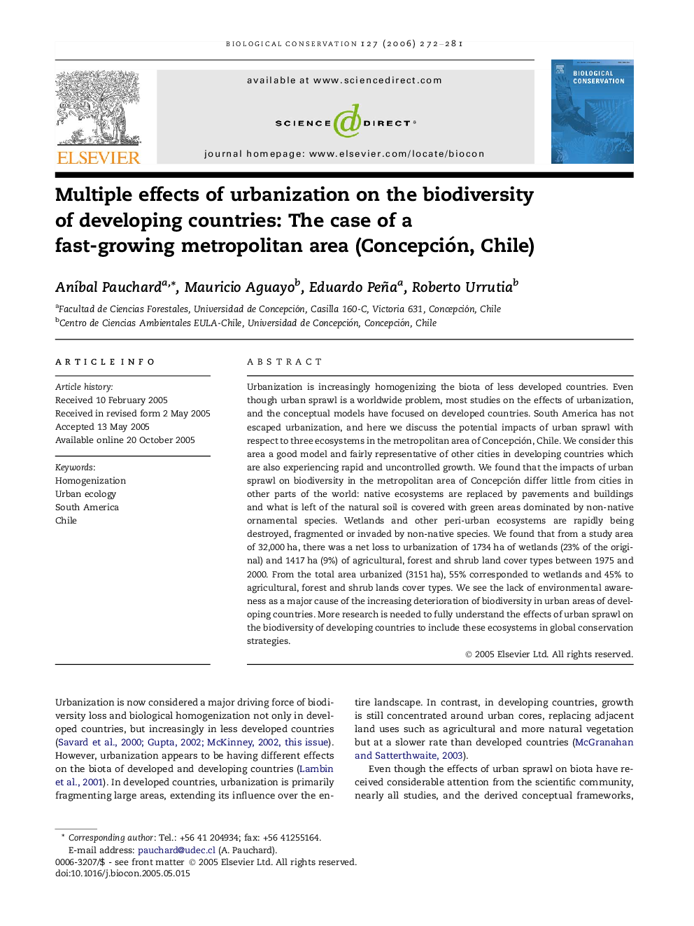 Multiple effects of urbanization on the biodiversity of developing countries: The case of a fast-growing metropolitan area (Concepción, Chile)