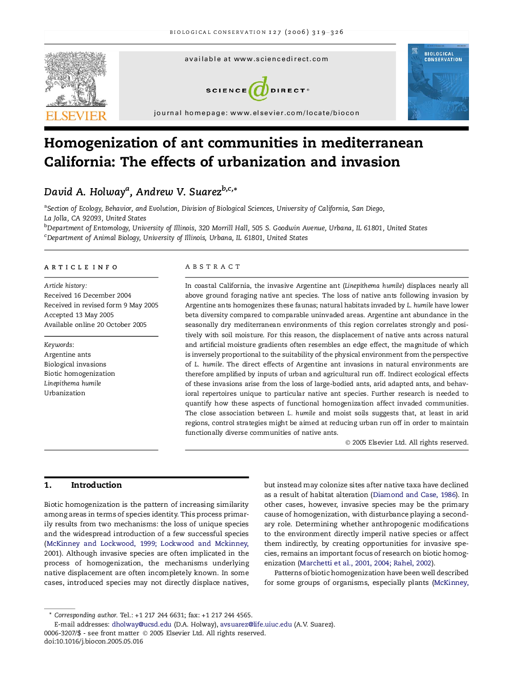 Homogenization of ant communities in mediterranean California: The effects of urbanization and invasion