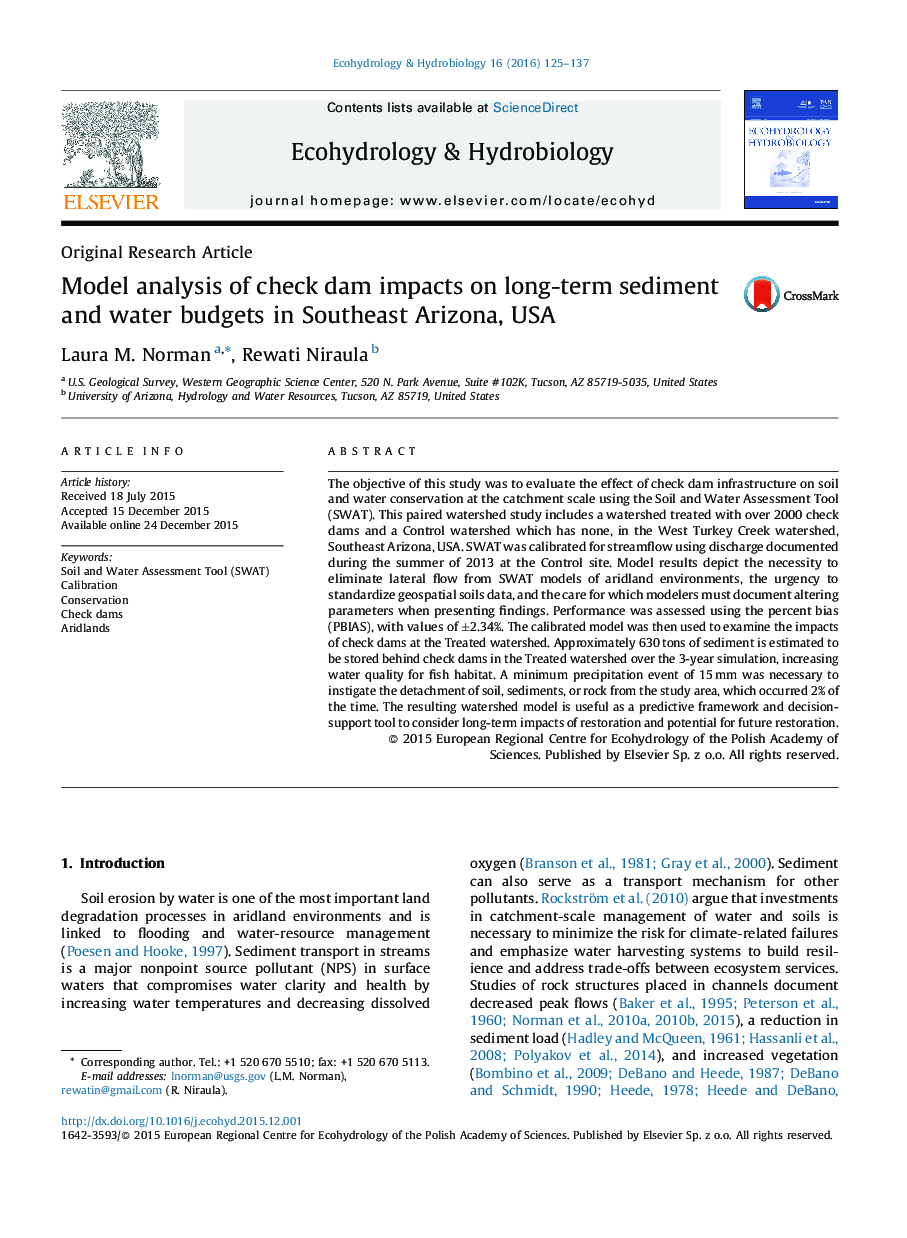 Model analysis of check dam impacts on long-term sediment and water budgets in Southeast Arizona, USA