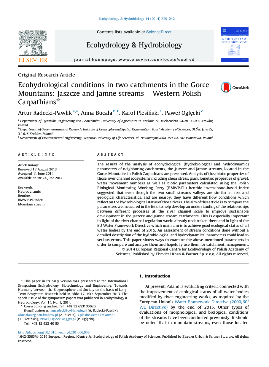 Ecohydrological conditions in two catchments in the Gorce Mountains: Jaszcze and Jamne streams - Western Polish Carpathians