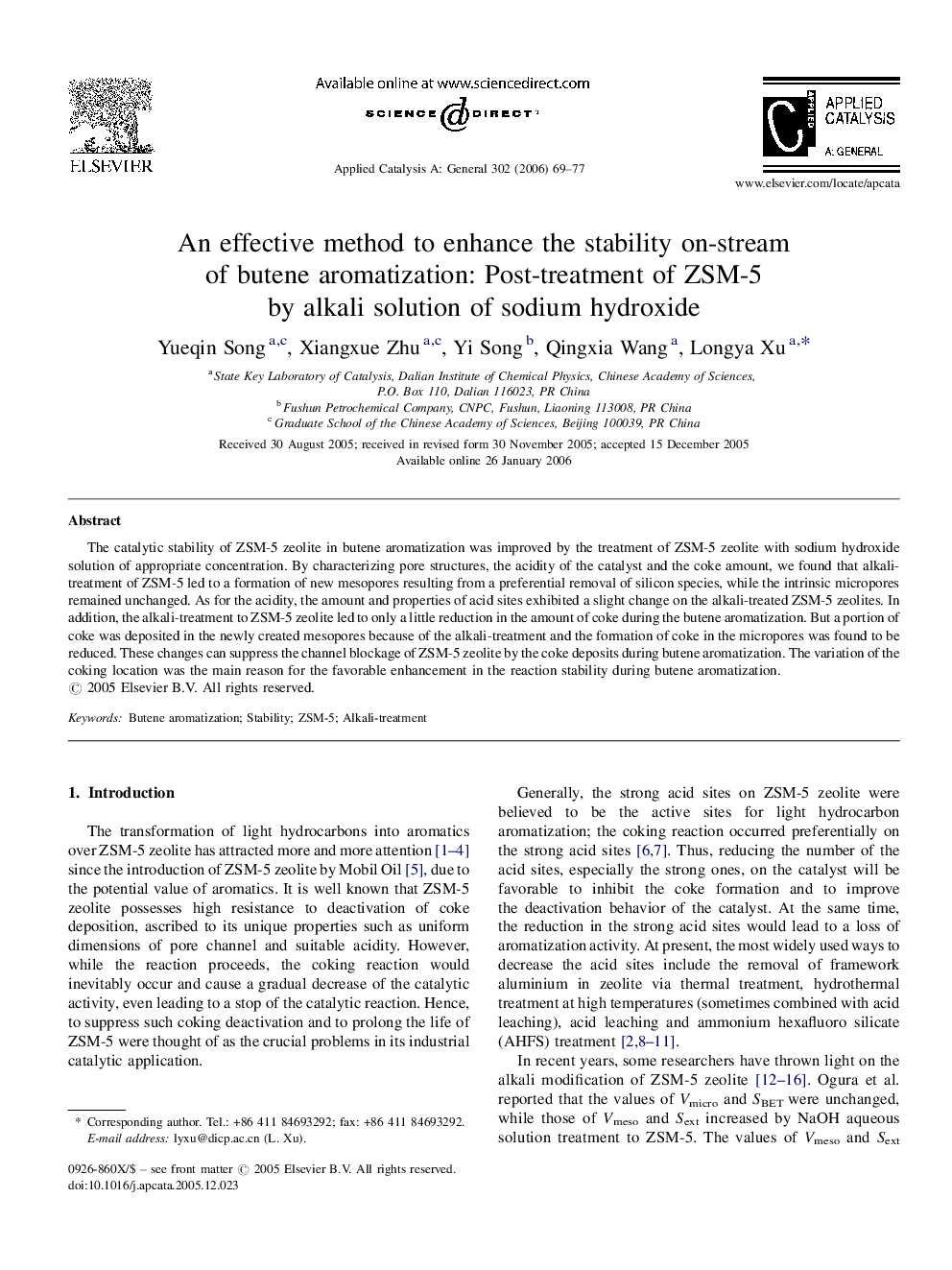 An effective method to enhance the stability on-stream of butene aromatization: Post-treatment of ZSM-5 by alkali solution of sodium hydroxide