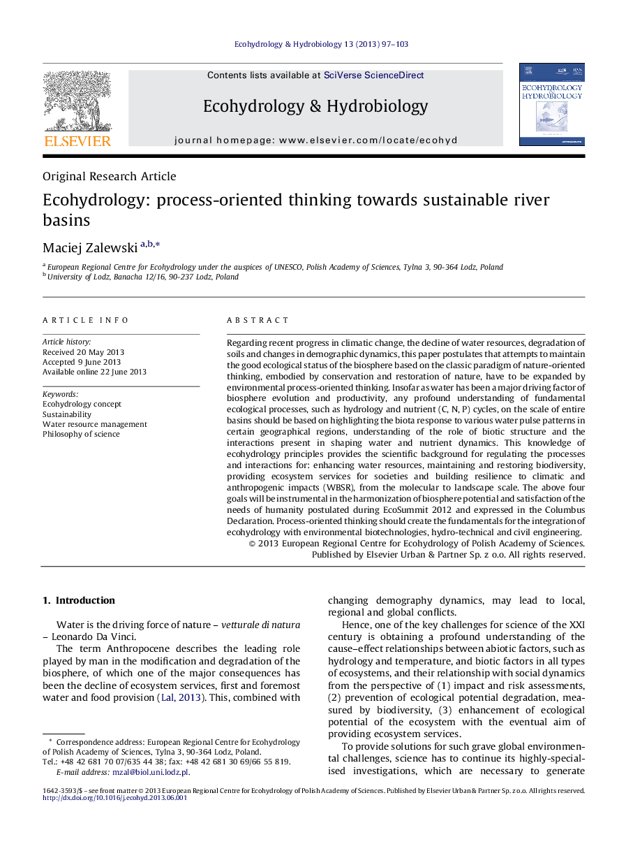 Ecohydrology: process-oriented thinking towards sustainable river basins