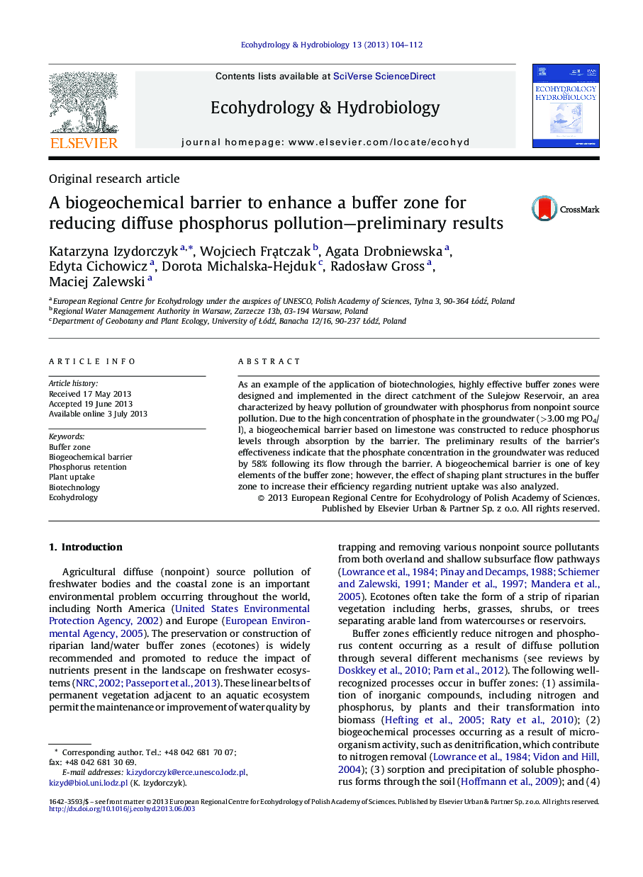 عکس صفحه اول مقاله: A biogeochemical barrier to enhance a buffer zone for reducing diffuse phosphorus pollution—preliminary results A biogeochemical barrier to enhance a buffer zone for reducing diffuse phosphorus pollution—preliminary results