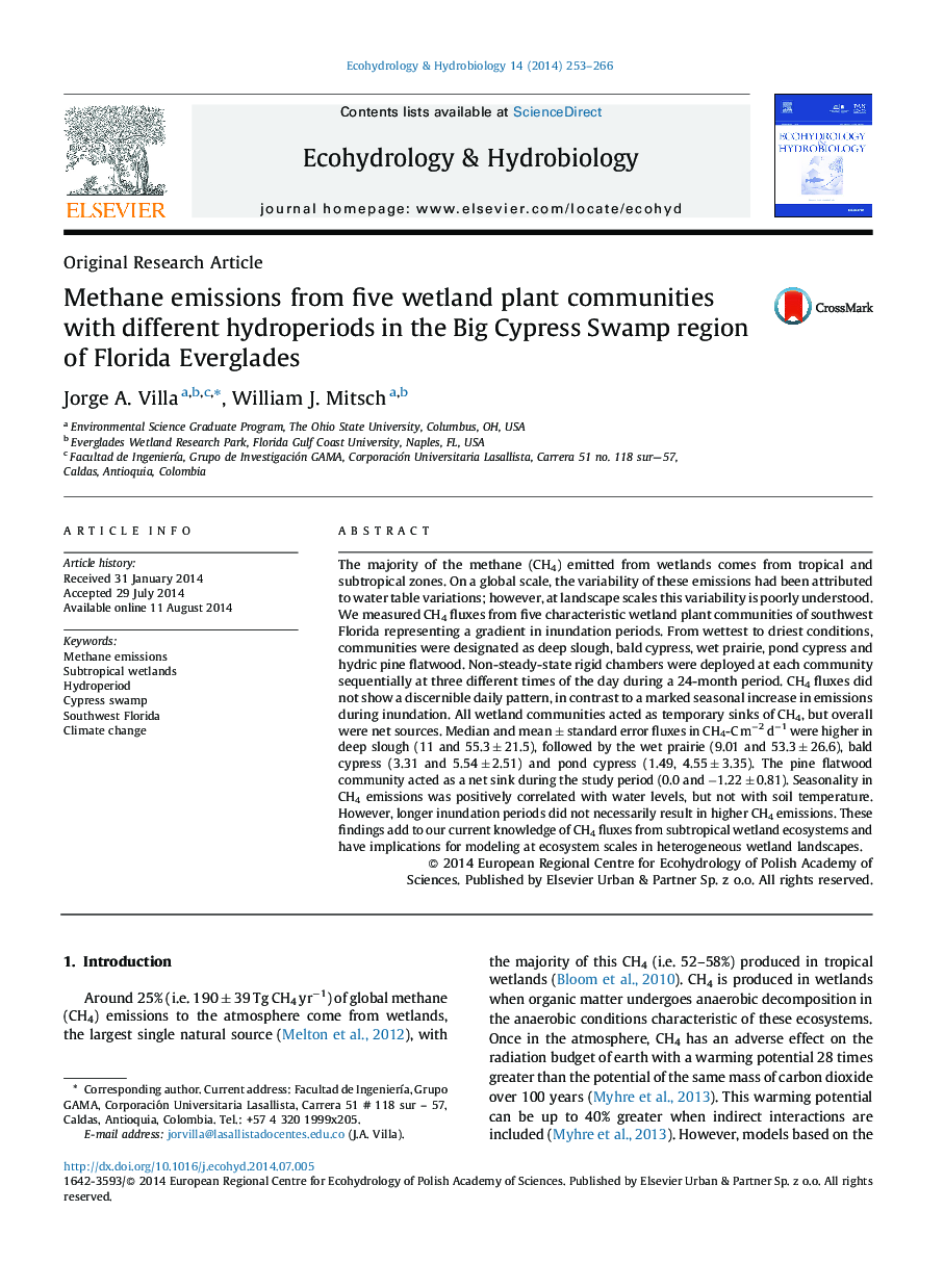 Methane emissions from five wetland plant communities with different hydroperiods in the Big Cypress Swamp region of Florida Everglades