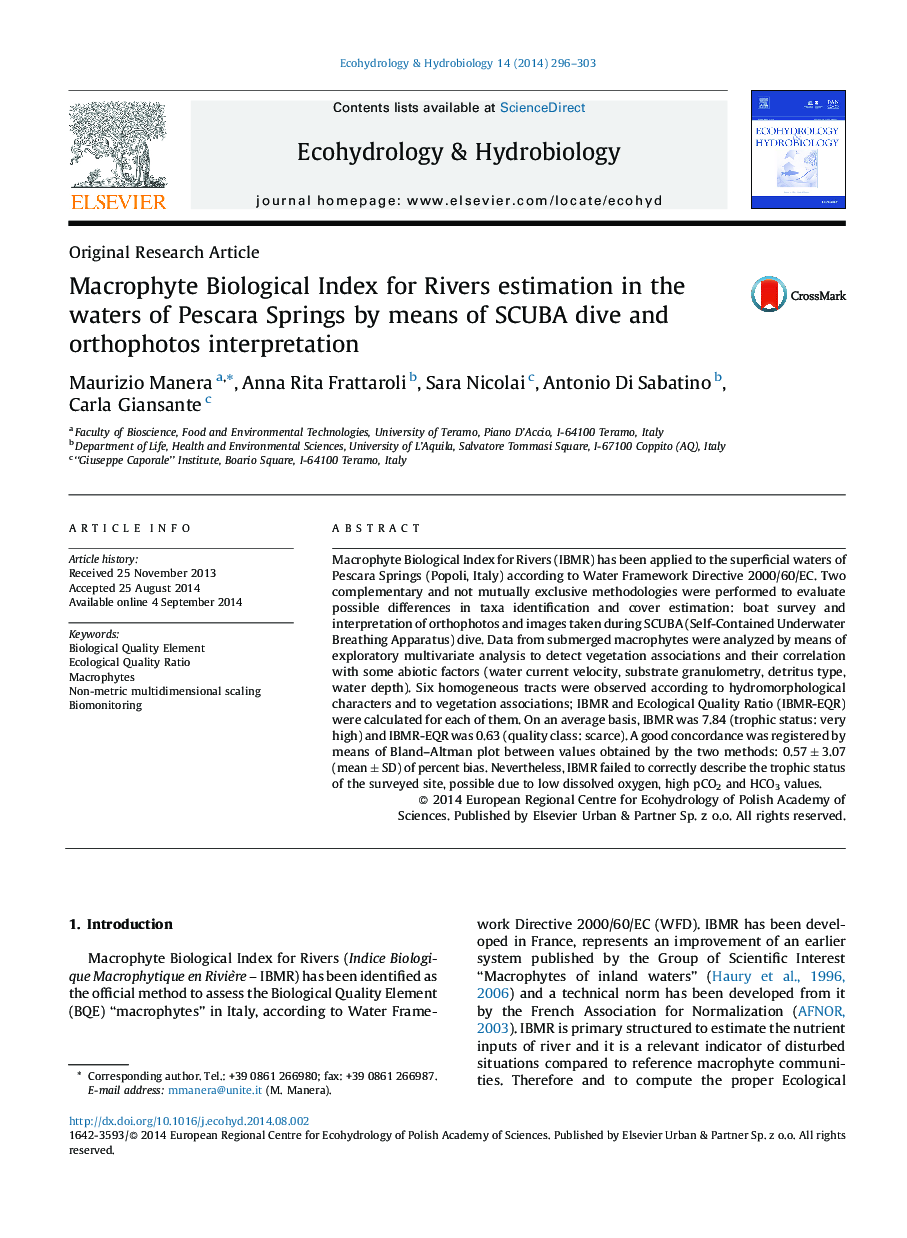 Macrophyte Biological Index for Rivers estimation in the waters of Pescara Springs by means of SCUBA dive and orthophotos interpretation