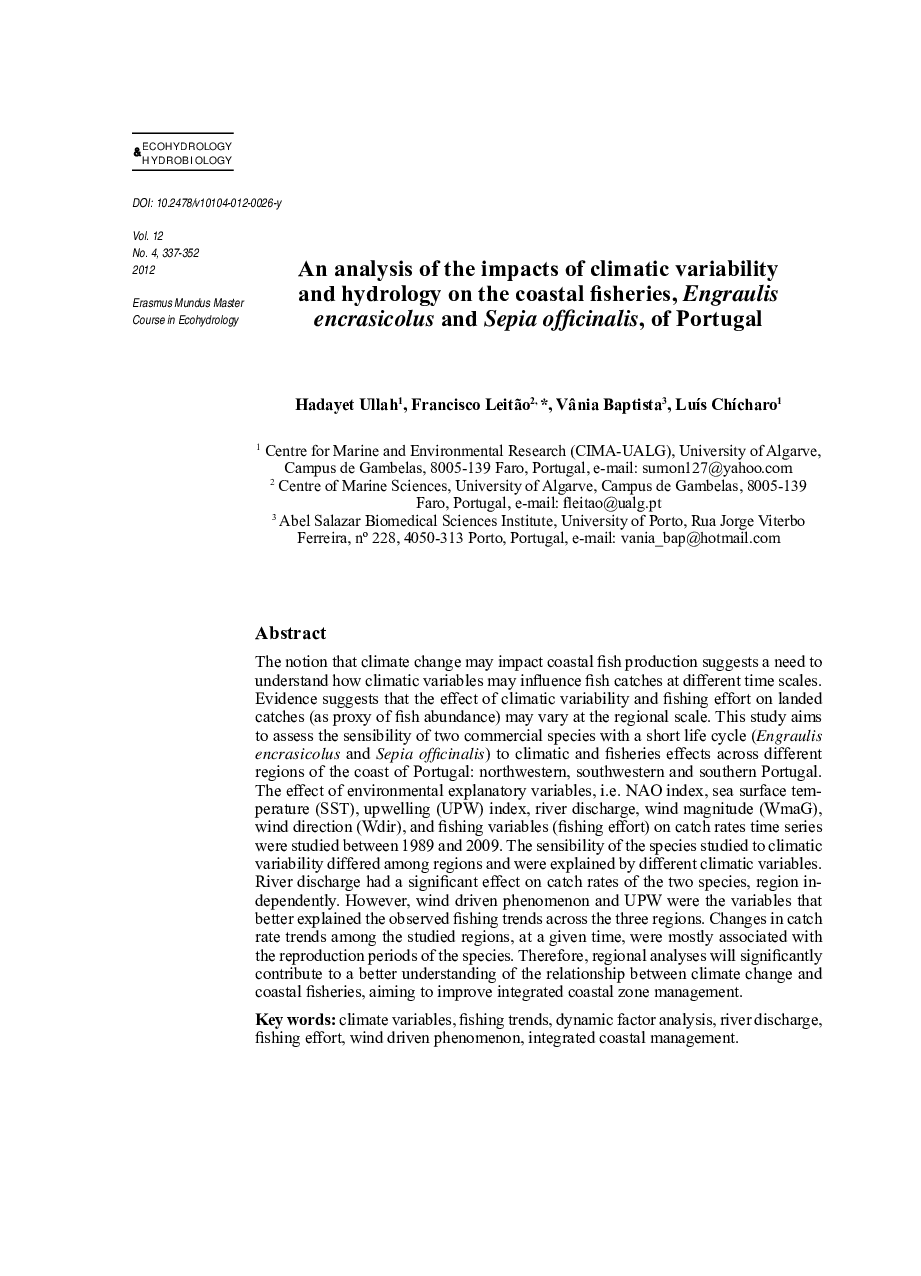 An analysis of the impacts of climatic variability and hydrology on the coastal fisheries, Engraulis encrasicolus and Sepia officinalis, of Portugal