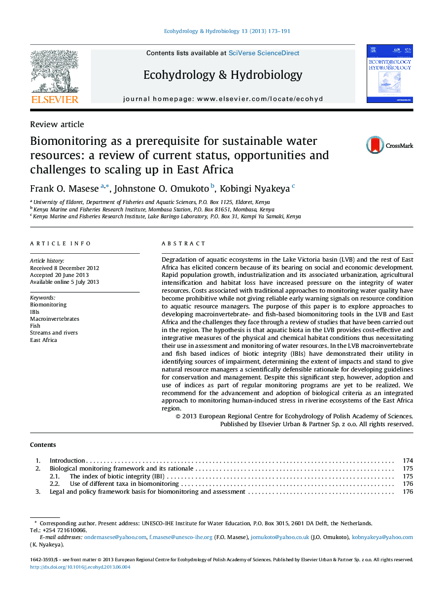 Biomonitoring as a prerequisite for sustainable water resources: a review of current status, opportunities and challenges to scaling up in East Africa