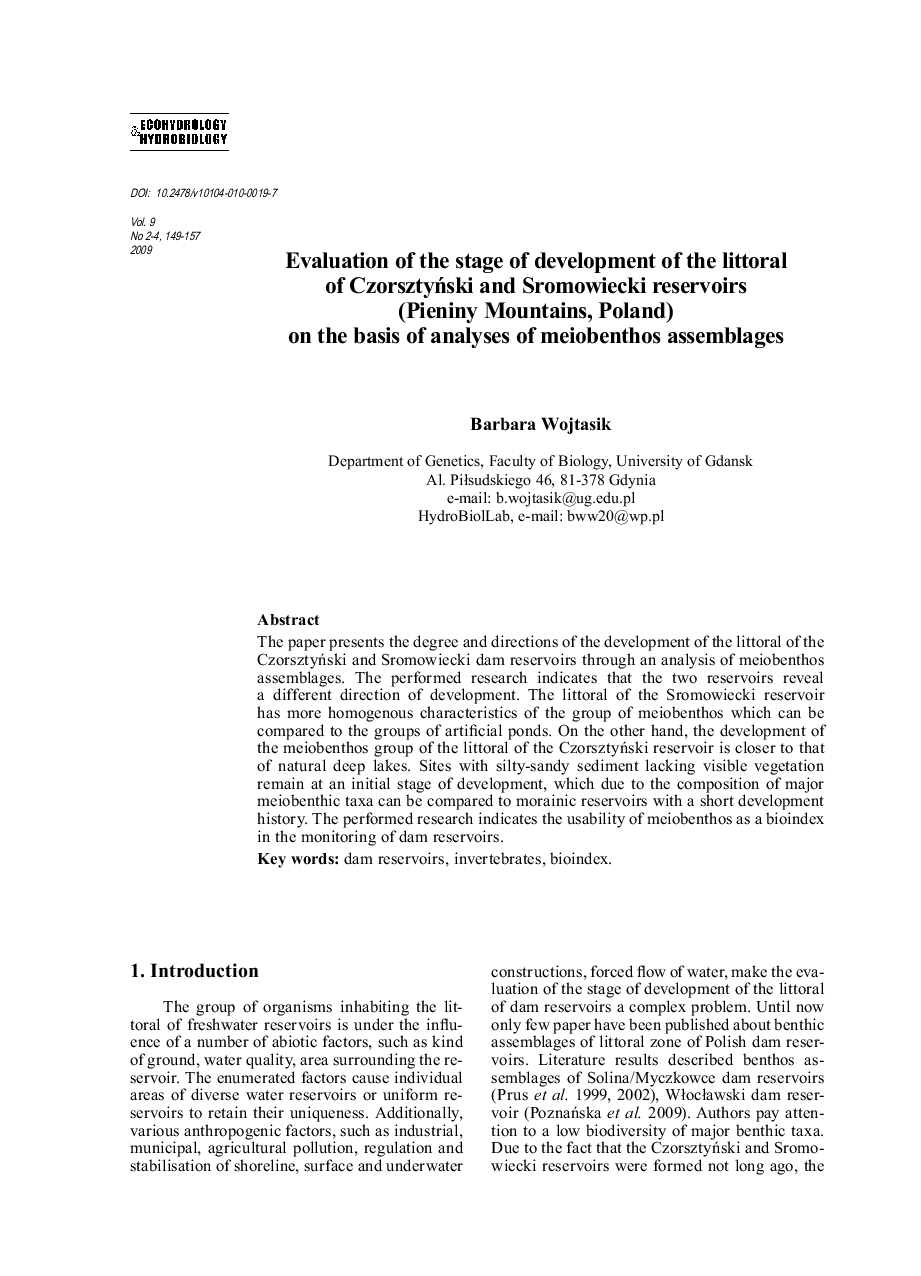 Evaluation of the stage of development of the littoral of Czorsztyński and Sromowiecki reservoirs (Pieniny Mountains, Poland) on the basis of analyses of meiobenthos assemblages