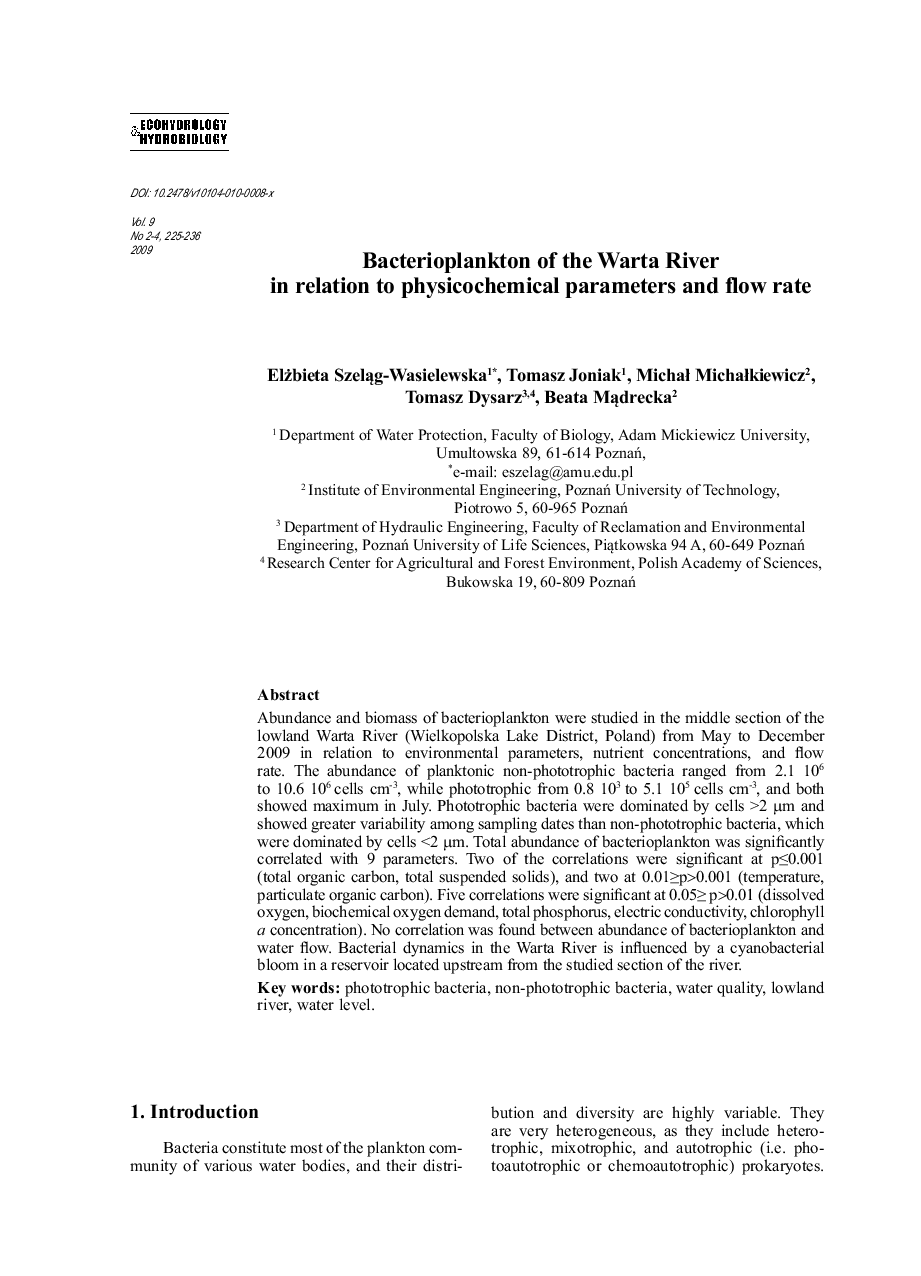 Bacterioplankton of the Warta River in relation to physicochemical parameters and flow rate