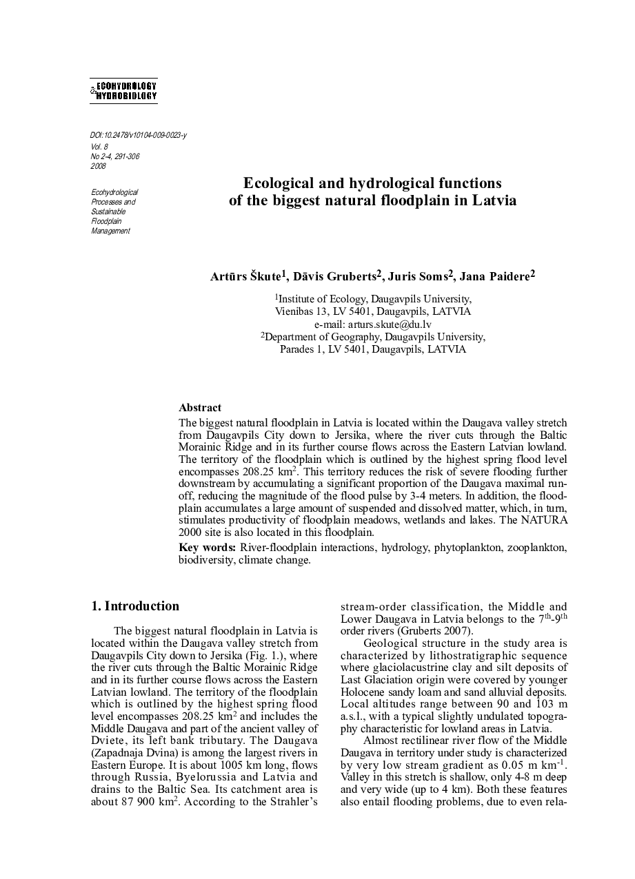 Ecological and hydrological functions of the biggest natural floodplain in Latvia