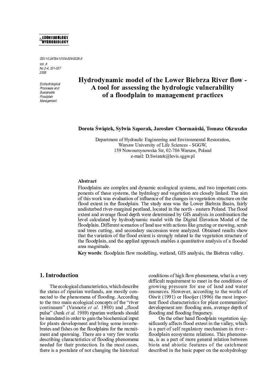 Hydrodynamic model of the Lower Biebrza River flow - A tool for assessing the hydrologic vulnerability of a floodplain to management practices