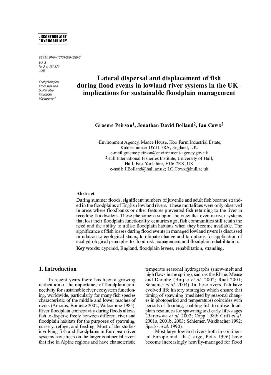 Lateral dispersal and displacement of fish during flood events in lowland river systems in the UK—implications for sustainable floodplain management: Ecohydrological Processes and Sustainable Floodplain Management