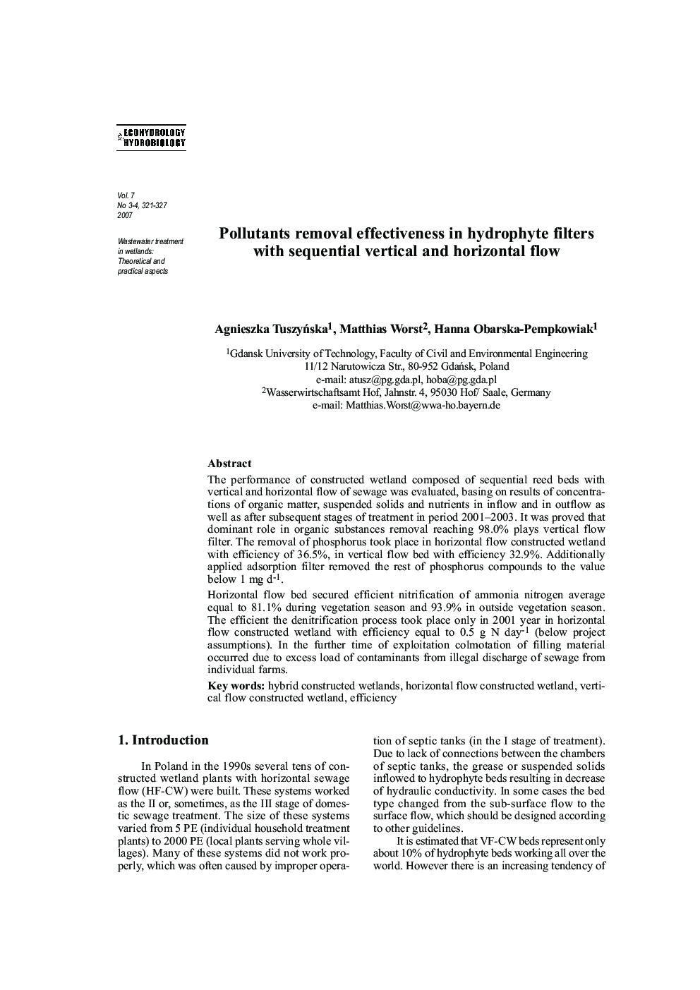 Pollutants removal effectiveness in hydrophyte filters with sequential vertical and horizontal flow