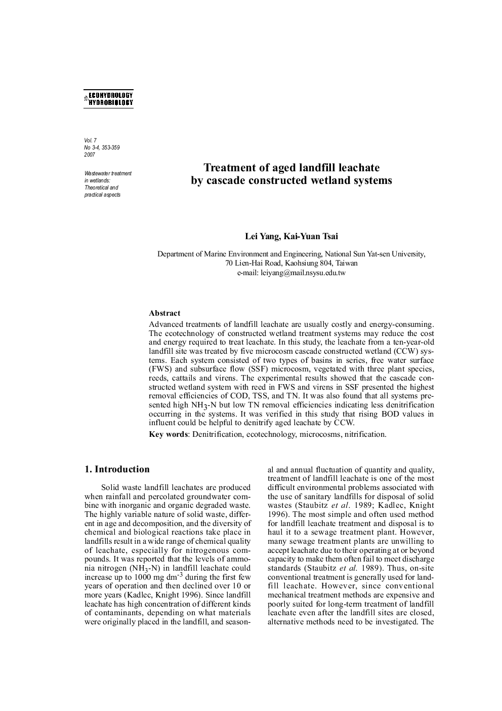 Treatment of aged landfill leachate by cascade constructed wetland systems