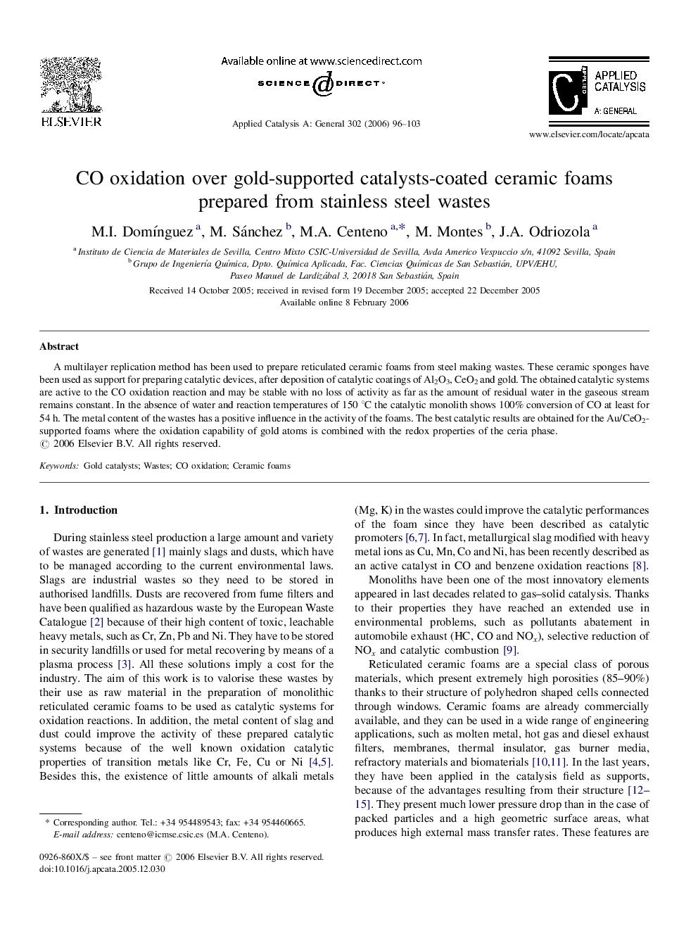 CO oxidation over gold-supported catalysts-coated ceramic foams prepared from stainless steel wastes