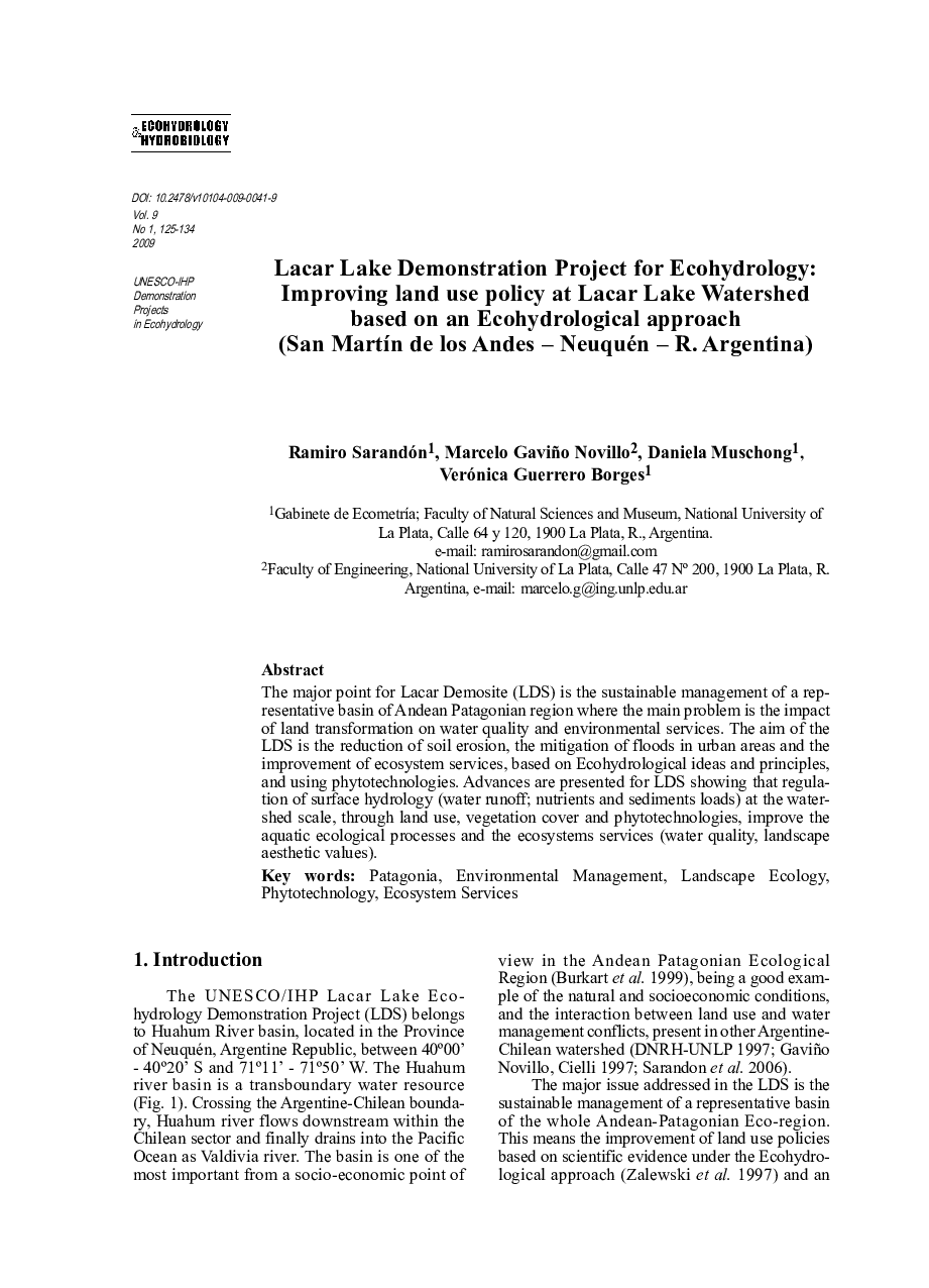 Lacar Lake Demonstration Project for Ecohydrology: Improving land use policy at Lacar Lake Watershed based on an Ecohydrological approach (San Martín de los Andes – Neuquén – R. Argentina)