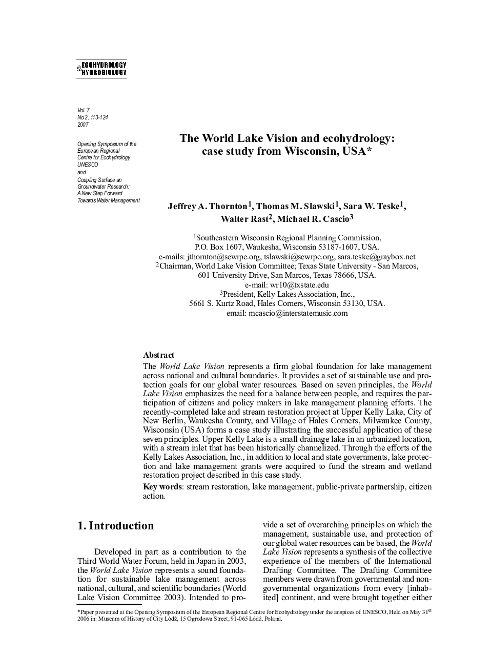 The World Lake Vision and ecohydrology: case study from Wisconsin, USA 