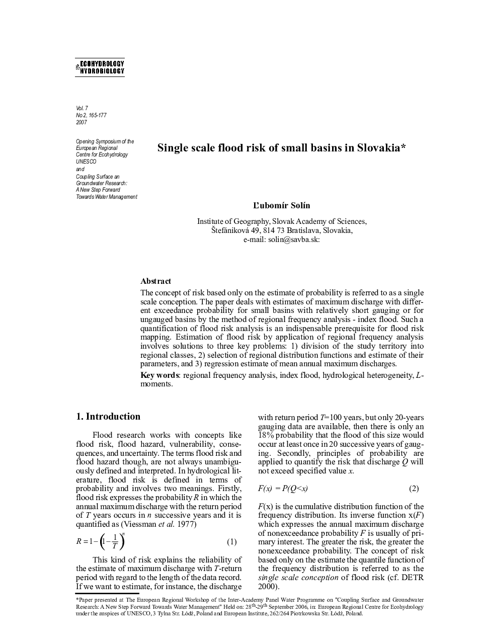 Single scale flood risk of small basins in Slovakia