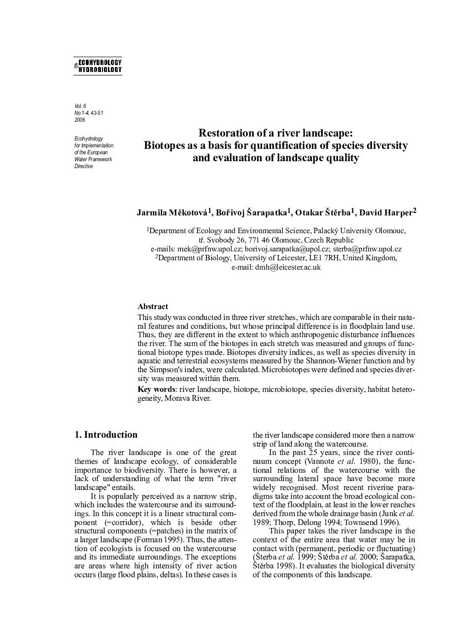 Restoration of a river landscape: Biotopes as a basis for quantification of species diversity and evaluation of landscape quality