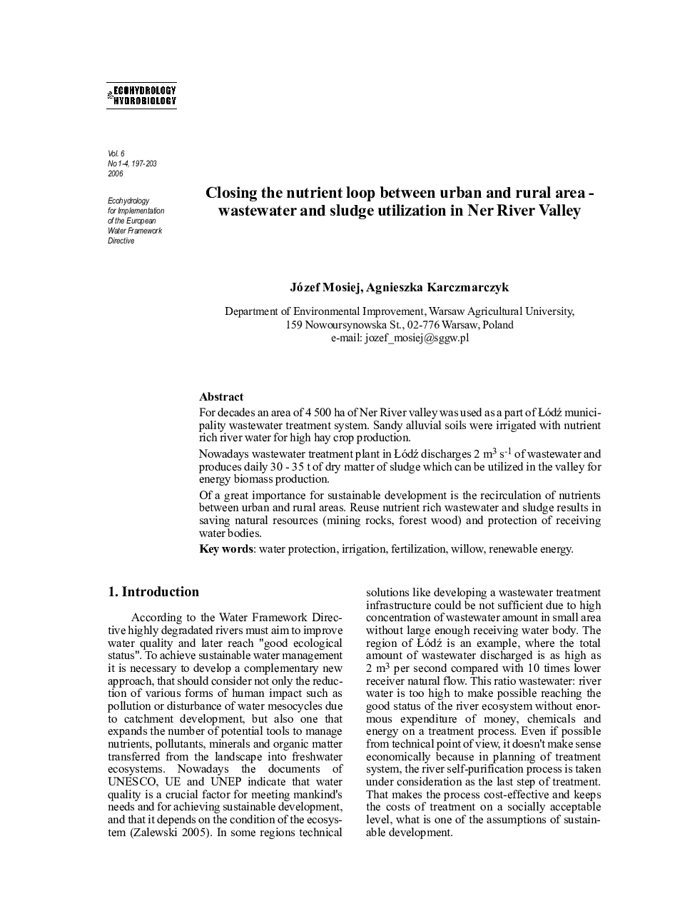 Closing the nutrient loop between urban and rural area – wastewater and sludge utilization in Ner River Valley