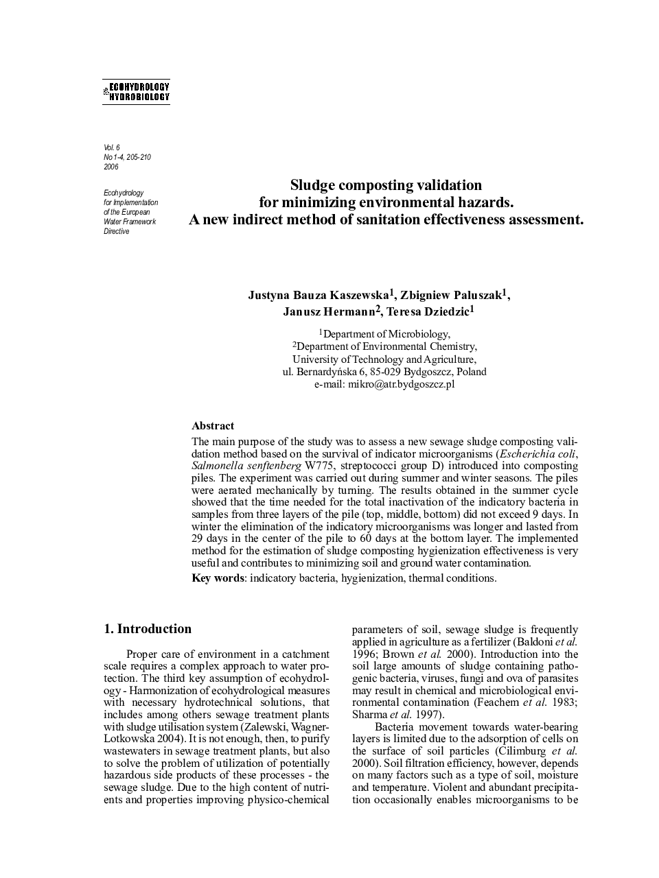 Sludge composting validation for minimizing environmental hazards. Anew indirect method of sanitation effectiveness assessment