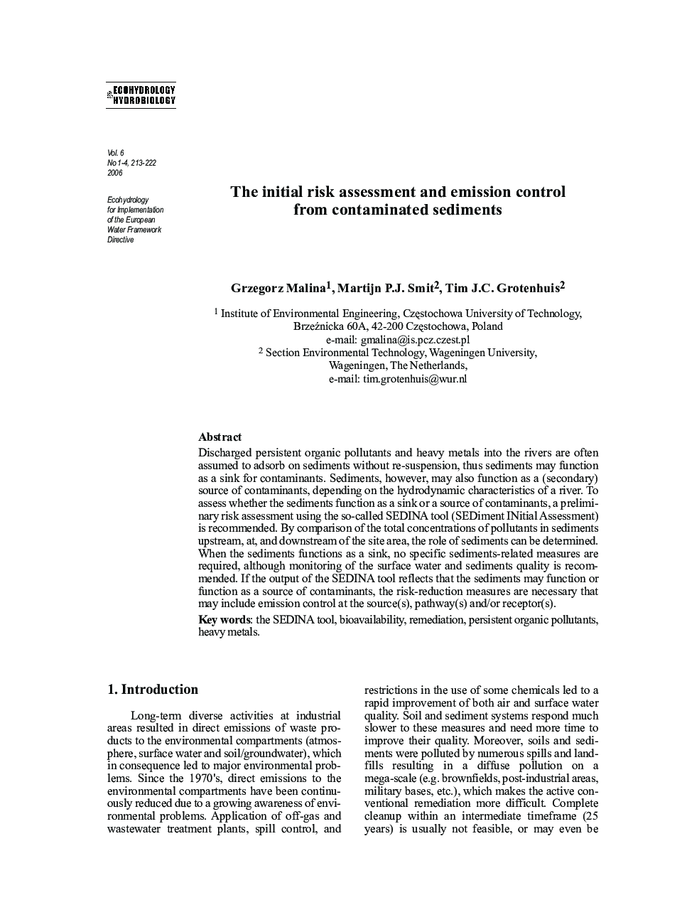 The initial risk assessment and emission control from contaminated sediments