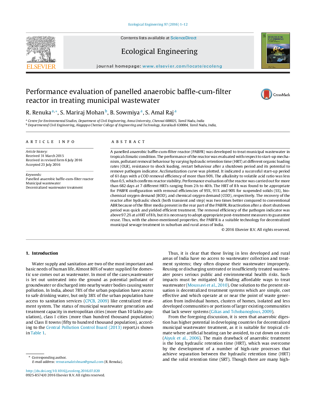 Performance evaluation of panelled anaerobic baffle-cum-filter reactor in treating municipal wastewater