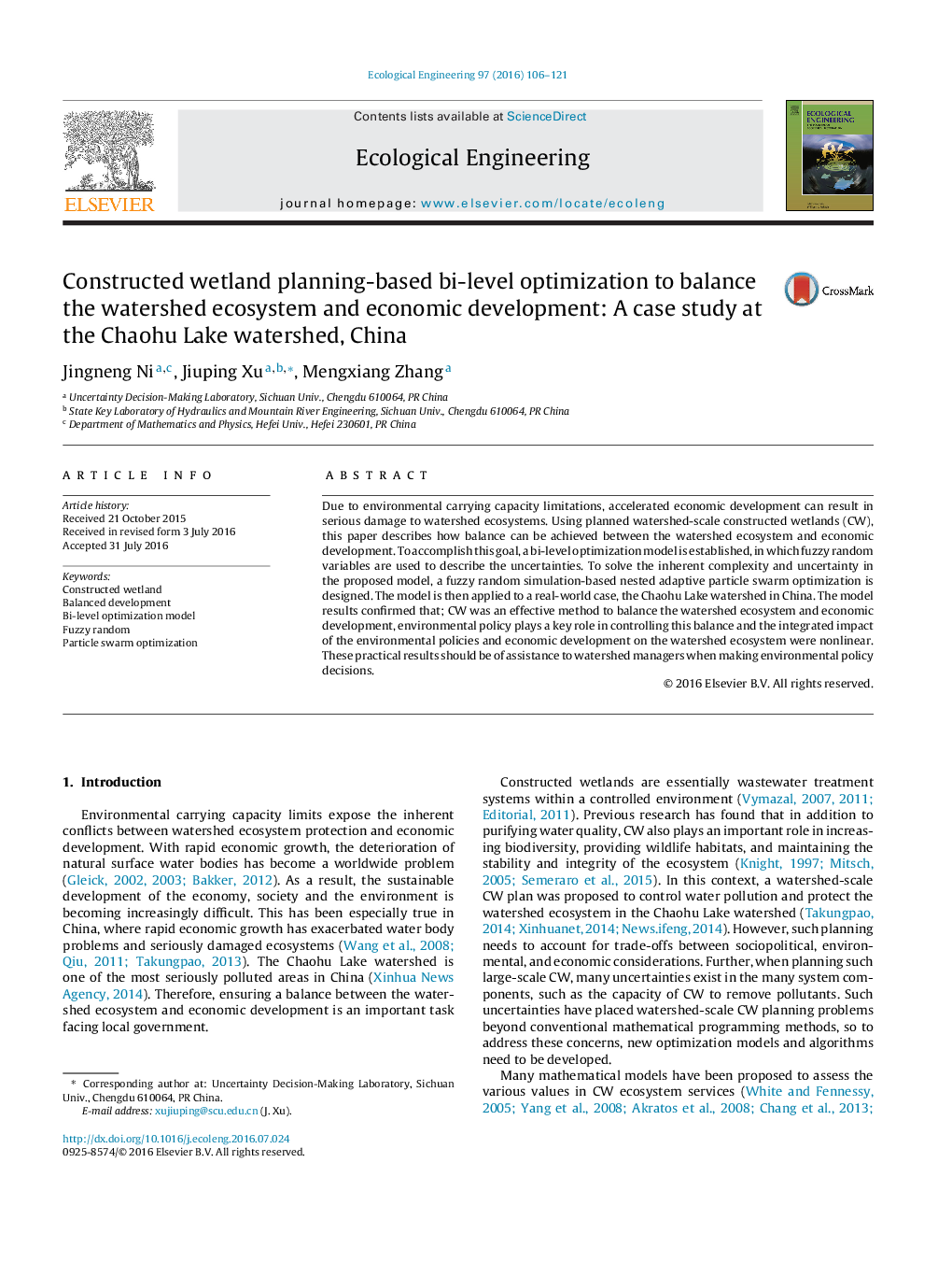 Constructed wetland planning-based bi-level optimization to balance the watershed ecosystem and economic development: A case study at the Chaohu Lake watershed, China