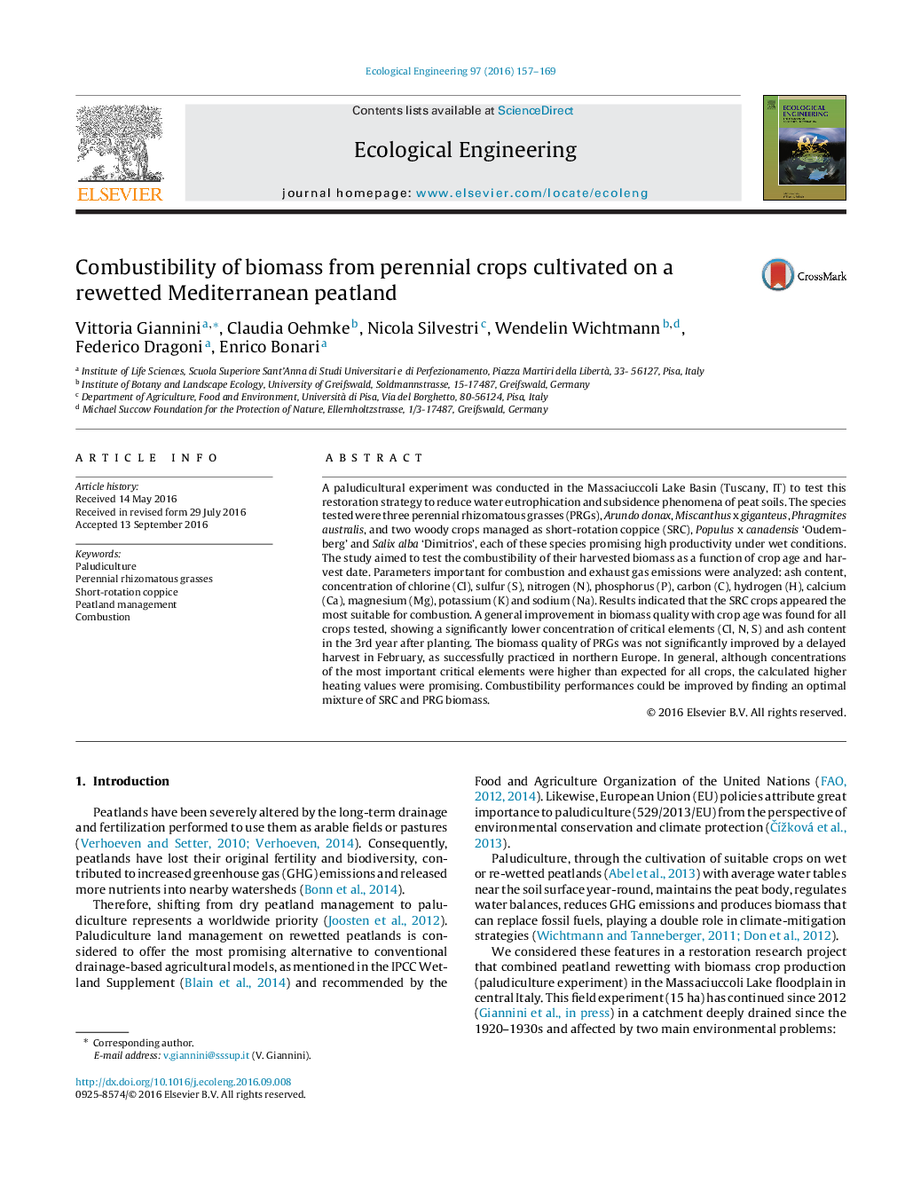 Combustibility of biomass from perennial crops cultivated on a rewetted Mediterranean peatland