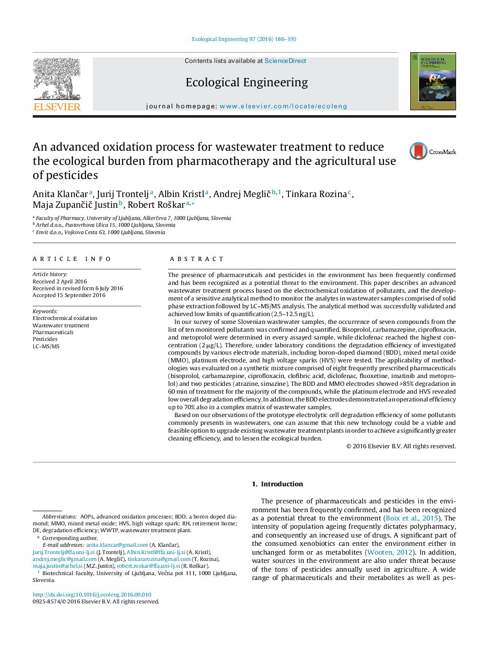 An advanced oxidation process for wastewater treatment to reduce the ecological burden from pharmacotherapy and the agricultural use of pesticides