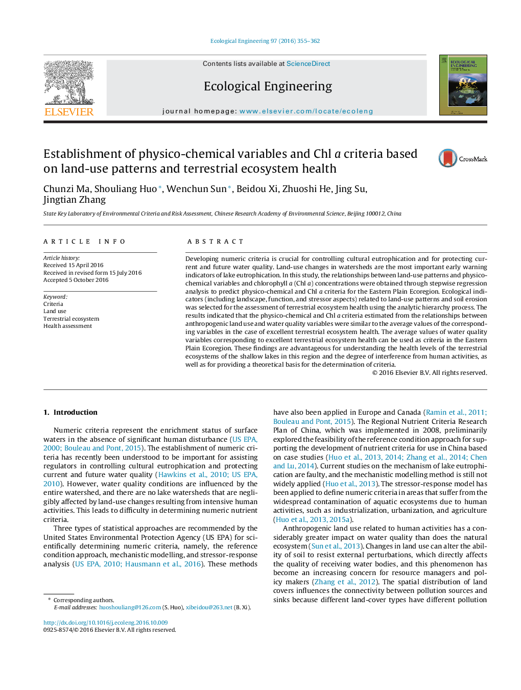 Establishment of physico-chemical variables and Chl a criteria based on land-use patterns and terrestrial ecosystem health