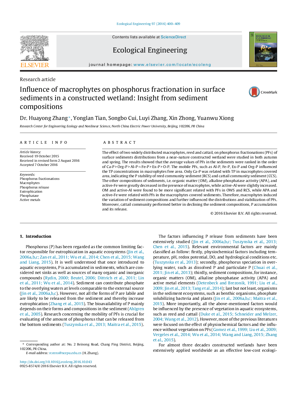 Influence of macrophytes on phosphorus fractionation in surface sediments in a constructed wetland: Insight from sediment compositions