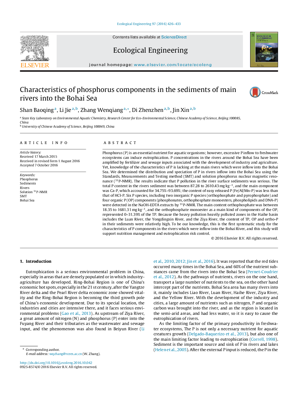 Characteristics of phosphorus components in the sediments of main rivers into the Bohai Sea