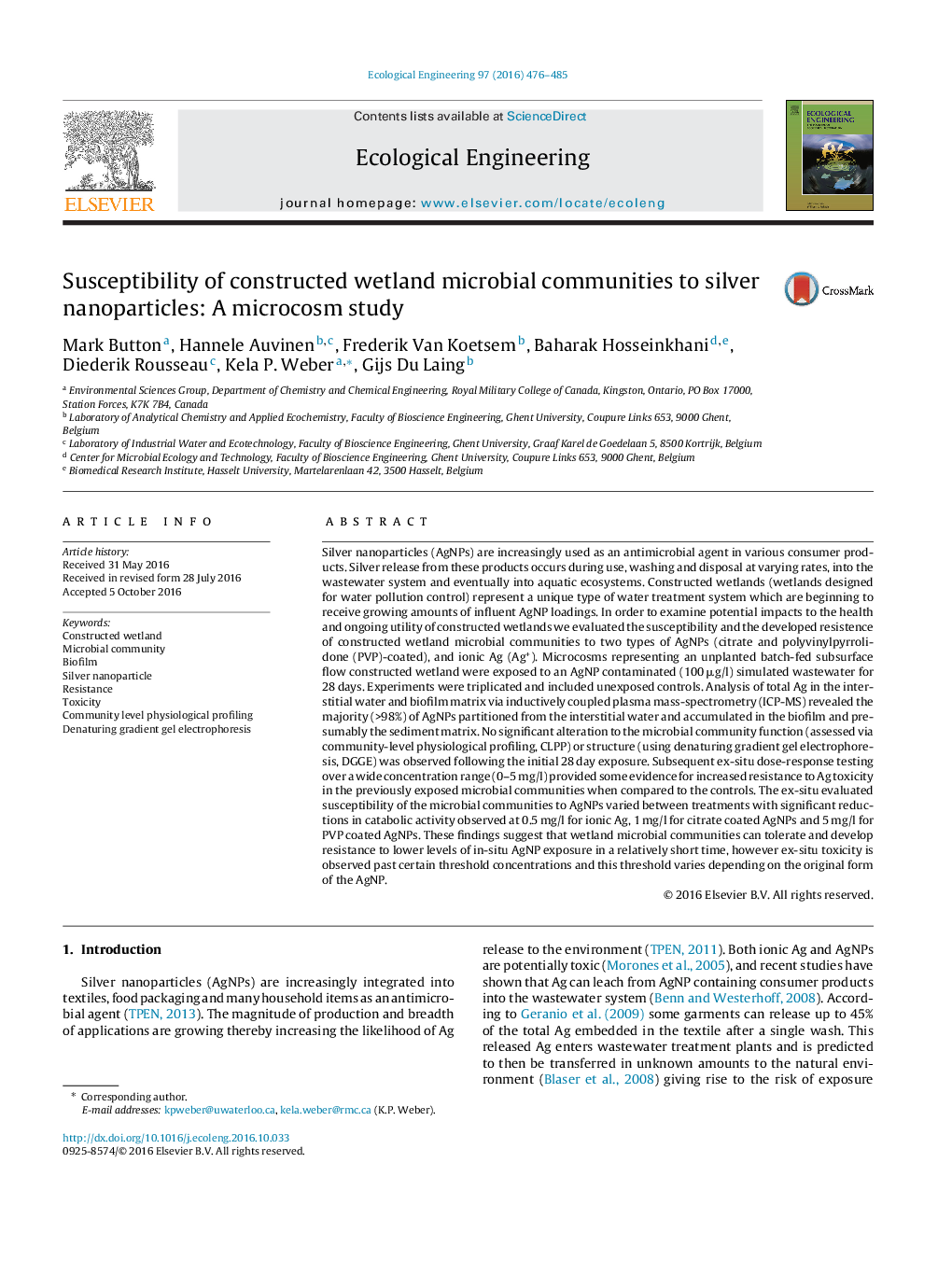 Susceptibility of constructed wetland microbial communities to silver nanoparticles: A microcosm study