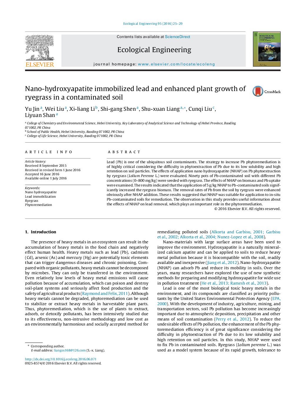 Nano-hydroxyapatite immobilized lead and enhanced plant growth of ryegrass in a contaminated soil