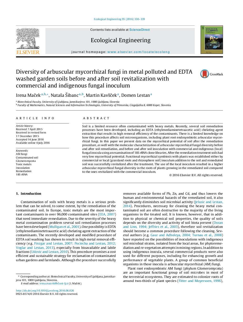 Diversity of arbuscular mycorrhizal fungi in metal polluted and EDTA washed garden soils before and after soil revitalization with commercial and indigenous fungal inoculum