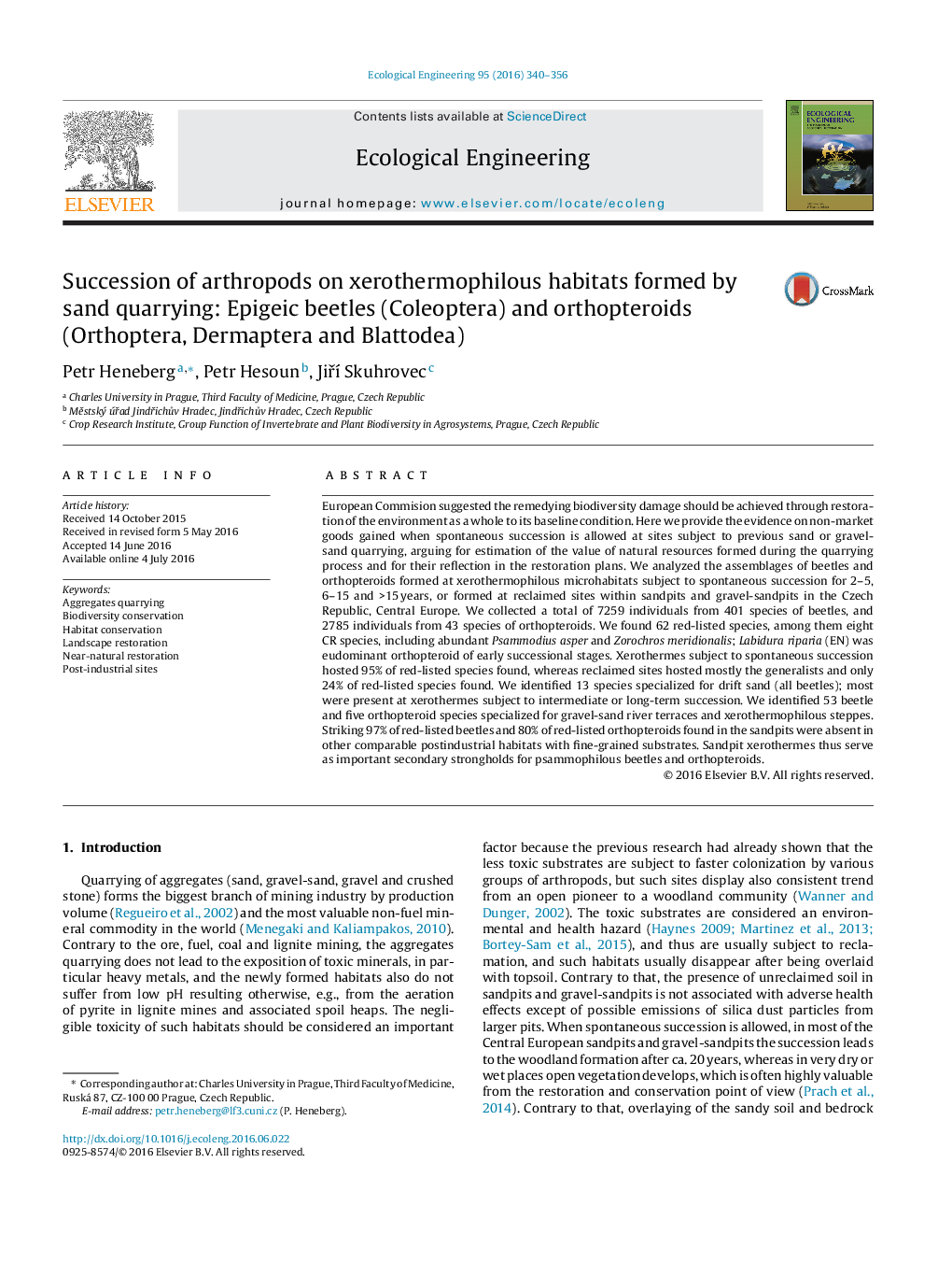 Succession of arthropods on xerothermophilous habitats formed by sand quarrying: Epigeic beetles (Coleoptera) and orthopteroids (Orthoptera, Dermaptera and Blattodea)