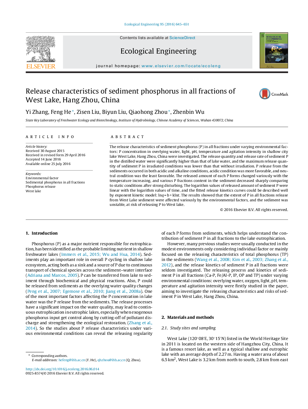 Release characteristics of sediment phosphorus in all fractions of West Lake, Hang Zhou, China