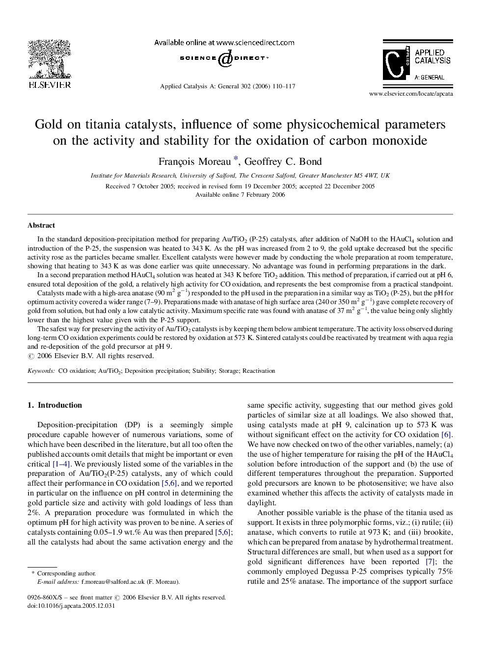 Gold on titania catalysts, influence of some physicochemical parameters on the activity and stability for the oxidation of carbon monoxide