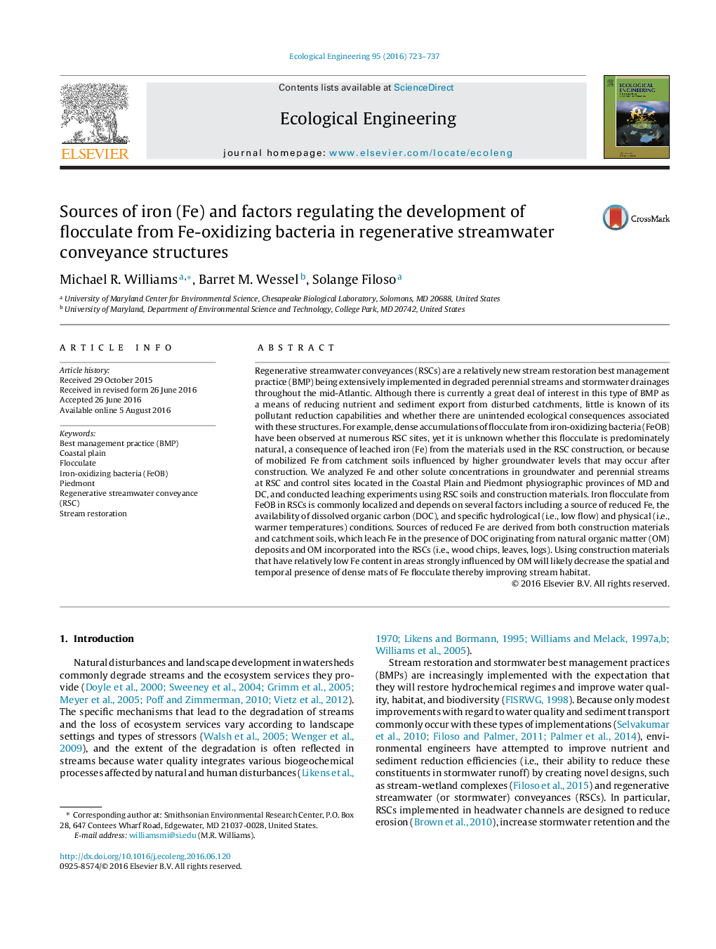 Sources of iron (Fe) and factors regulating the development of flocculate from Fe-oxidizing bacteria in regenerative streamwater conveyance structures