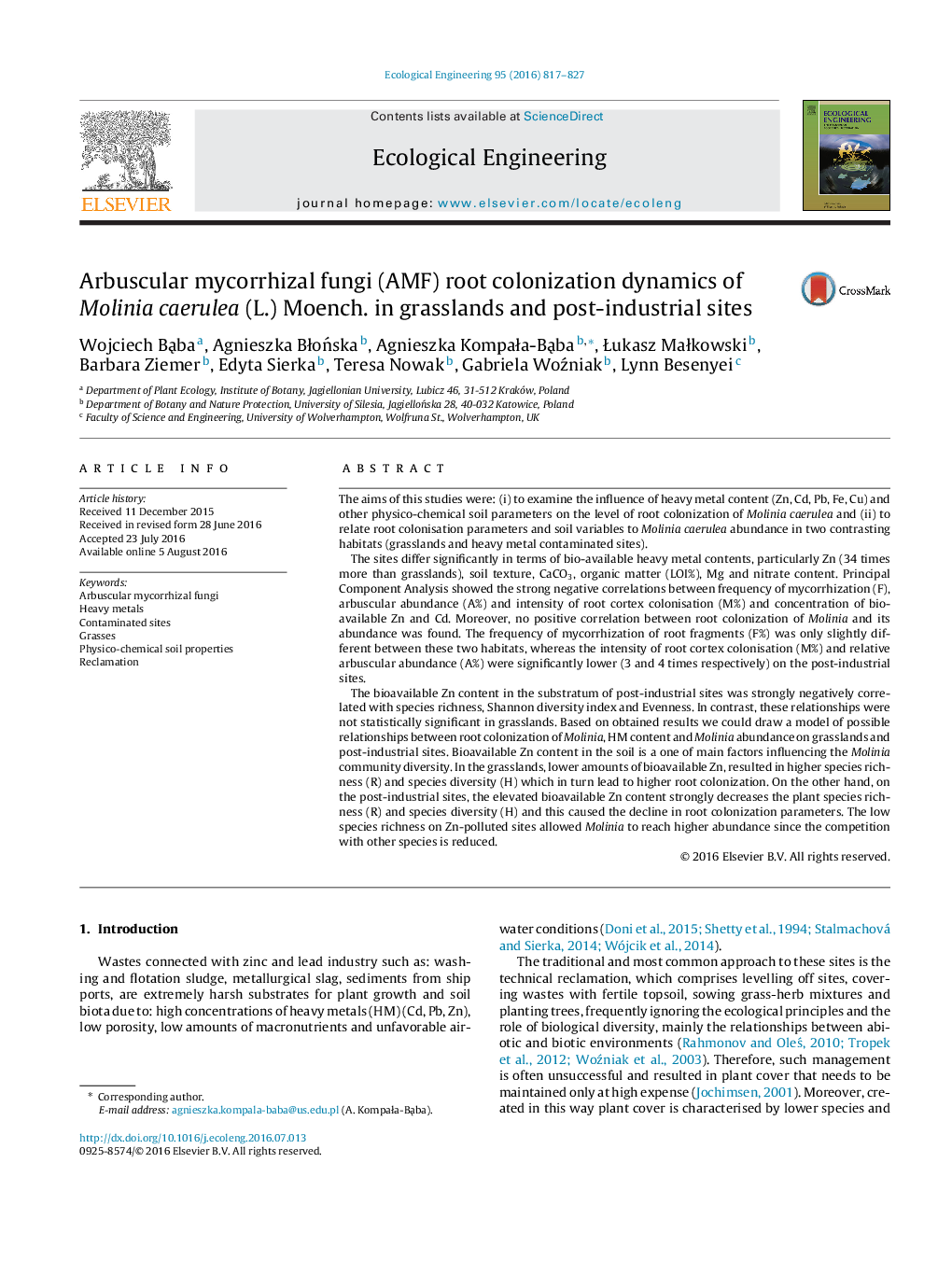 Arbuscular mycorrhizal fungi (AMF) root colonization dynamics of Molinia caerulea (L.) Moench. in grasslands and post-industrial sites