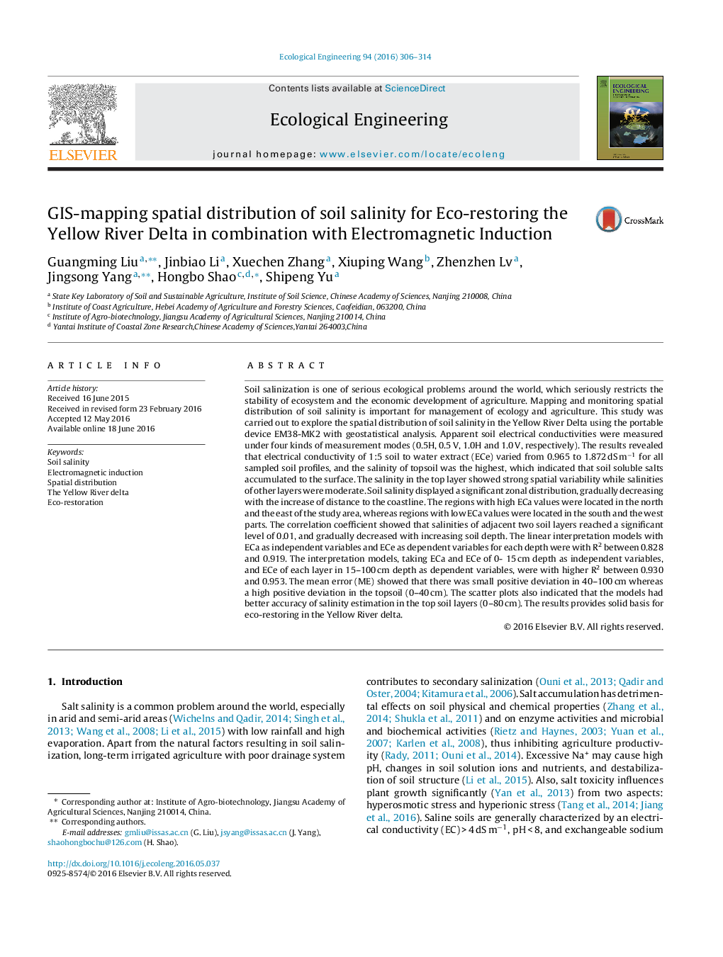 GIS-mapping spatial distribution of soil salinity for Eco-restoring the Yellow River Delta in combination with Electromagnetic Induction