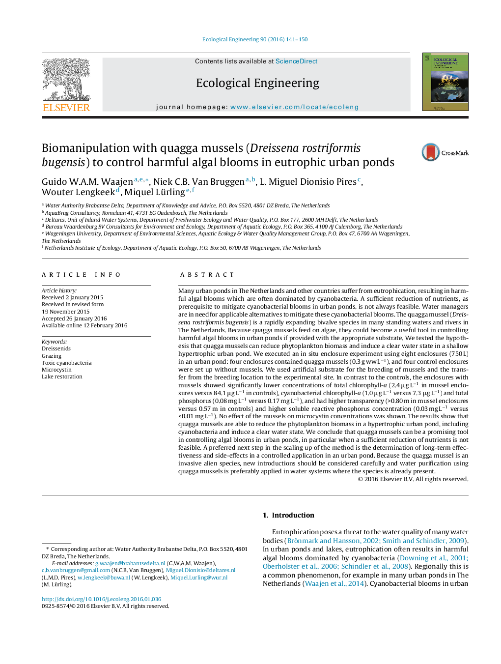 Biomanipulation with quagga mussels (Dreissena rostriformis bugensis) to control harmful algal blooms in eutrophic urban ponds