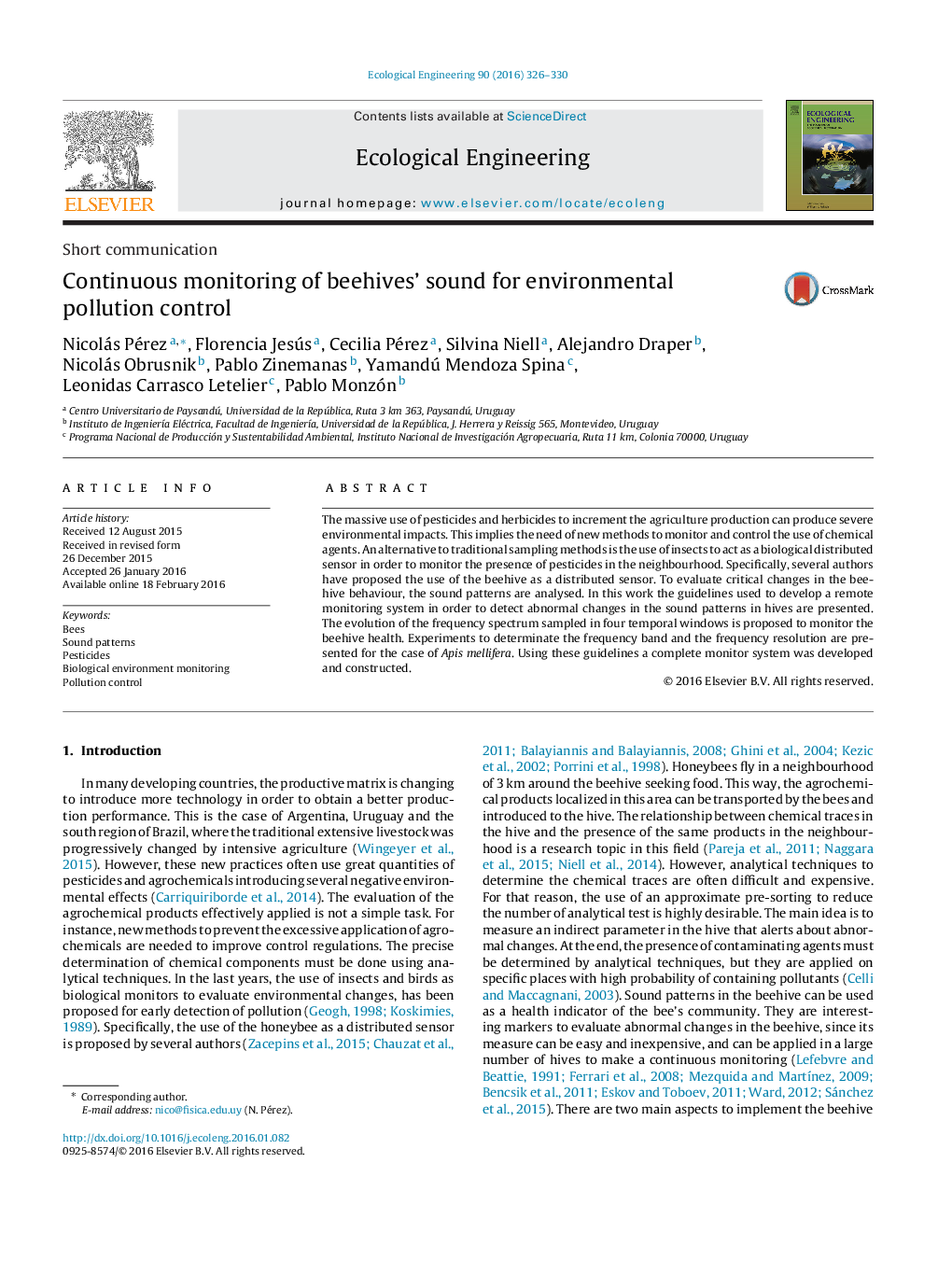 Continuous monitoring of beehives’ sound for environmental pollution control