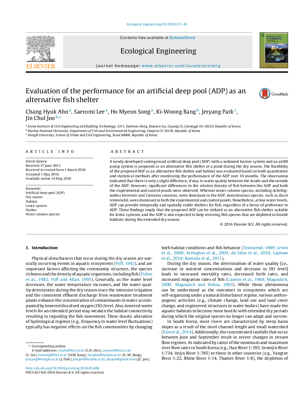 Evaluation of the performance for an artificial deep pool (ADP) as an alternative fish shelter