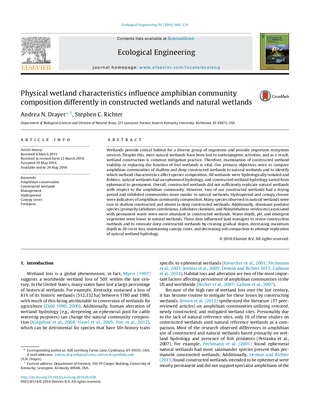 Physical wetland characteristics influence amphibian community composition differently in constructed wetlands and natural wetlands