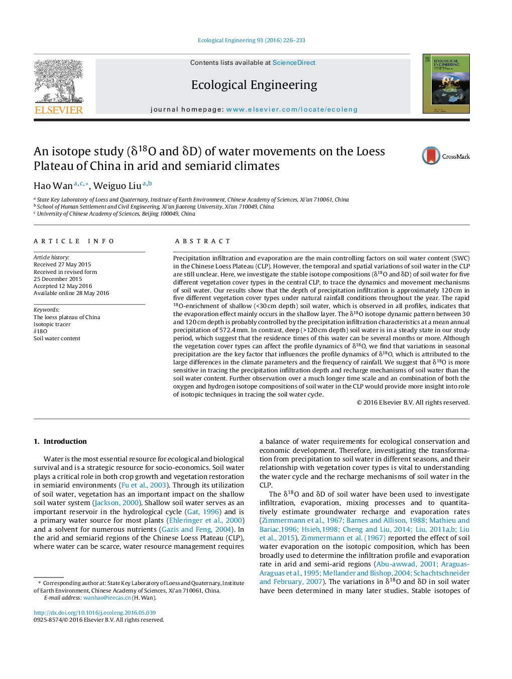 An isotope study (δ18O and δD) of water movements on the Loess Plateau of China in arid and semiarid climates