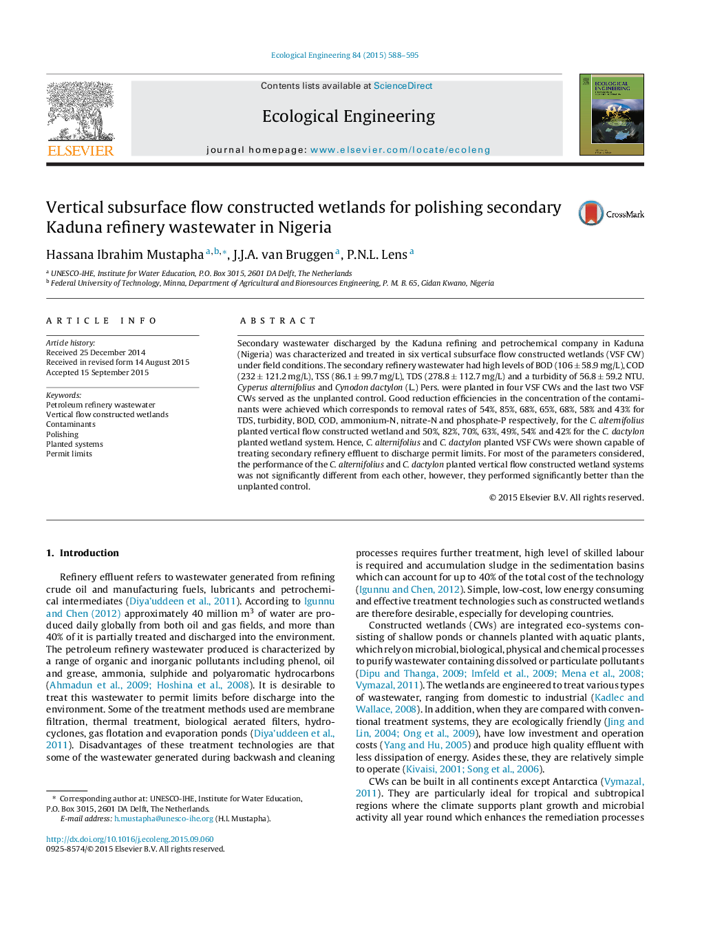 Vertical subsurface flow constructed wetlands for polishing secondary Kaduna refinery wastewater in Nigeria