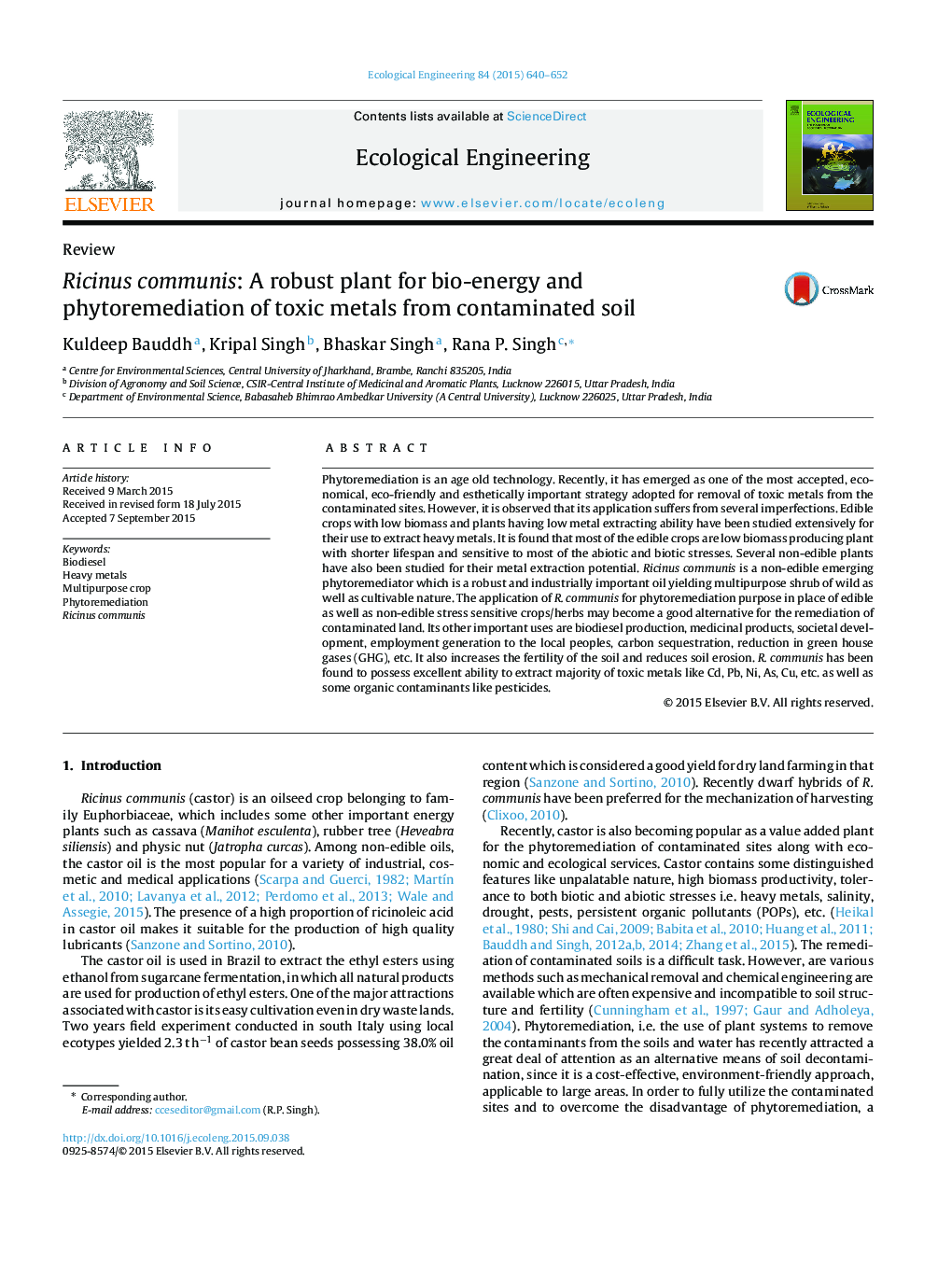 Ricinus communis: A robust plant for bio-energy and phytoremediation of toxic metals from contaminated soil